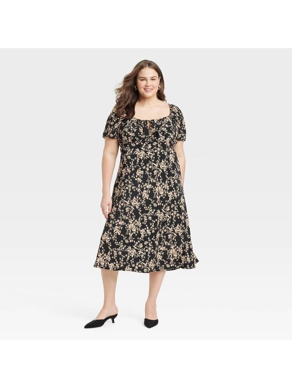 A New Day NWT Women's Midi Sundress Black Brown Floral Size 1X